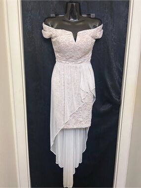 Morgan & Co. Off-Shoulder Lace High-Low Dress in Pale Pink